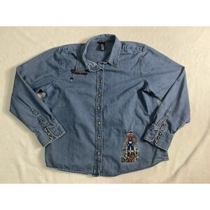 Holiday Editions Women's XL Denim Button-Up Shirt Halloween Witch Embroidered